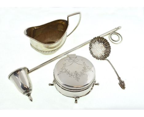 A small quantity of silver to include a trinket box H/M Birmingham 1917, caddy spoon H/M Birmingham 1905, cream jug &amp; unm