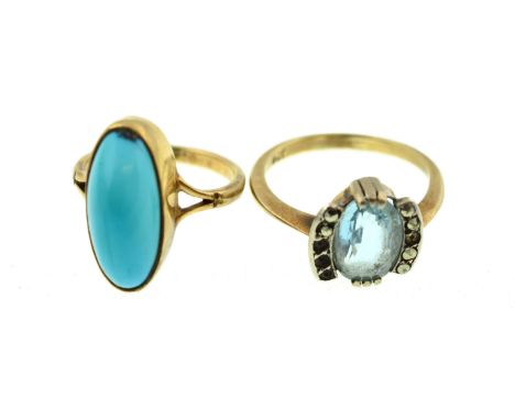 A turquoise ring stamped 9ct, turquoise measures approx 17mm x 8mm, size L, together with an Art Deco ring stamped 9ct (A/F f