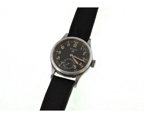 RECORD - WWII military mechanical wristwatch, clean black dial in good condition, case back stamped with Broad Arrow &amp; WW