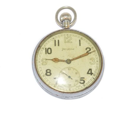 A WWII nickel cased top-wind Helvetia GSTP pocket watch, case back with 'broad arrow GS/TP P60830', with undamaged dial, work