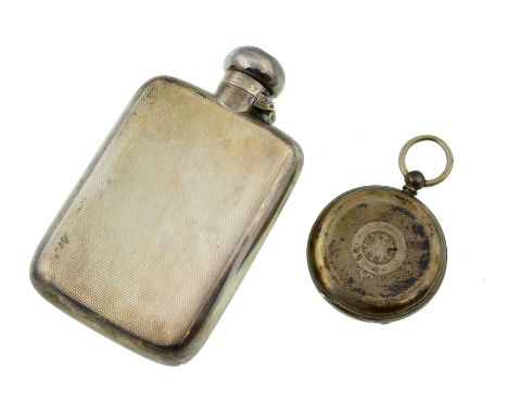 Silver hip flask H/M Birmingham 1940, approx 120gms, together with a silver pocket watch, not working