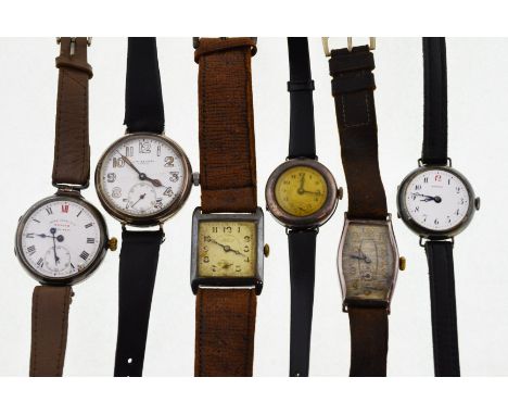 Six early 20th century H/M silver wristwatches to include J.W Benson &amp; Zenith both with damaged white enamel dials, all w