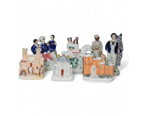 A mid 19th century Paris porcelain figure of a Turkish soldier and six pieces of staffordshire  including ‘The Death of Nelso