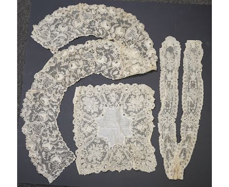 A 19th century Brussels Point de Gaz needle lace collar, lappet and wedding hankie, possibly part of a trousseau. The collar 