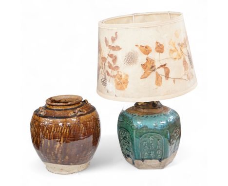 Two Chinese glazed pots, one converted as a lamp with a pressed floral shade, largest overall 37cm high