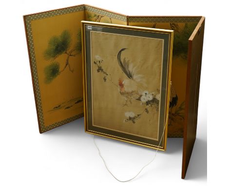 A Chinese silk painting, bird amongst flowers and a four fold screen, largest 89cm high