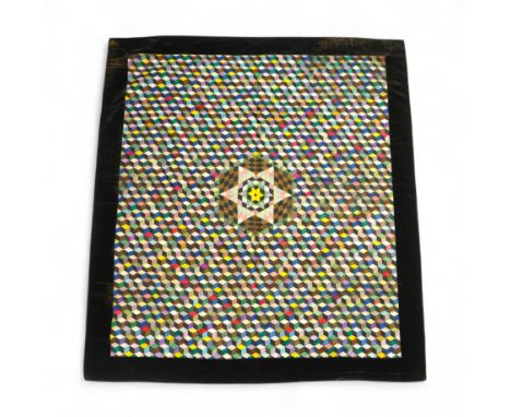 An English 19th century silk ‘Tumbling Blocks’, hand sewn patchwork quilt, with central star motif and wide velvet border. Wo