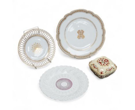 A Meissen plate, a Zsolnay box and cover, and two continental plates, largest 24cm in diameter