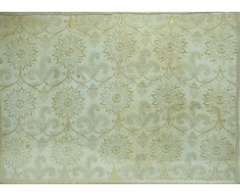 A 17th century fine gold silk thread embroidery, worked on a hand spun linen ground, depicting scrolling three feather motifs
