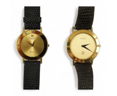 A gentleman's recent 18k gold electro-plated Raymond Weil quartz dress wrist watch, case diameter 33mm and a similar Gucci qu