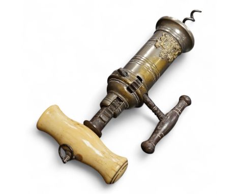 A Thomason type double helix corkscrew with bone handle, 20cm in length