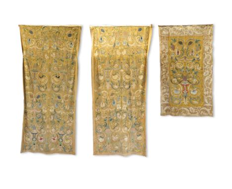 A large pair and one smaller panel of late 18th century Italian silk floss hand embroidered panels, possibly from Florence or