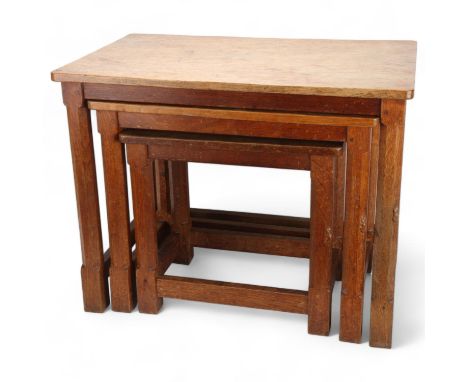 Robert Mouseman Thompson, nest of 3 rectangular oak tables, probably circa 1950s, chamfered square supports, each table with 