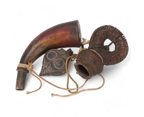 African Tribal powder horn, with finely woven basket and carved wood flask, all mount on a cord 