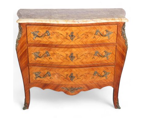 A French marble-topped inlaid kingwood 3-drawer commode, width 98cm 
