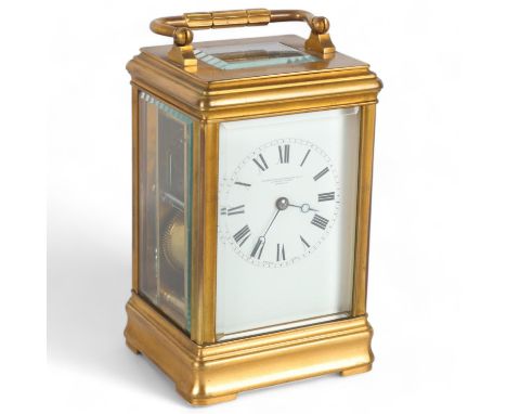 French gilt-brass cased 8-day carriage clock, enamel dial, retailers Goldsmiths & Silversmith Company London, case height 14.