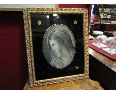 A 19th Century portrait veiled lady reverse painted, black border and gilt frame, 33cm long, frame 56cm x 47cm