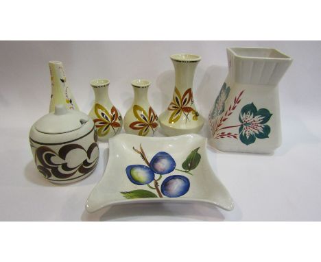 An E. Radford vase, four posy vases, dish and preserve jar (7) 