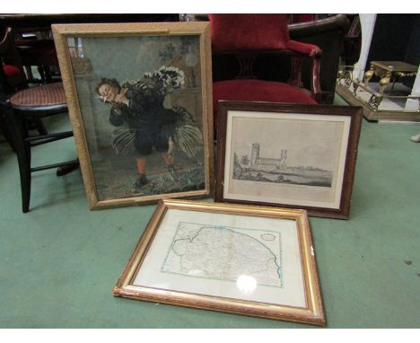 Three etchings/prints including South View of Wymondham Church, Norfolk by Robert Morden and Pears print - Christmas turkey