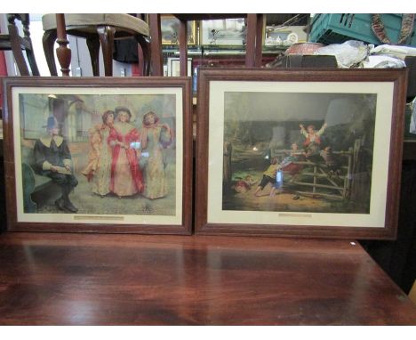 Two Pears coloured prints "Impudent Hussies!" and "Happy as a King" in oak reeded frames, 45cm x 58cm and 43cm x 54cm  