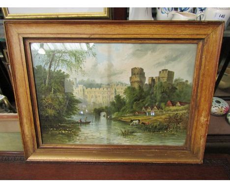 An early 20th Century coloured print of Warwick Castle in rustic pine frame, 35cm x 51cm