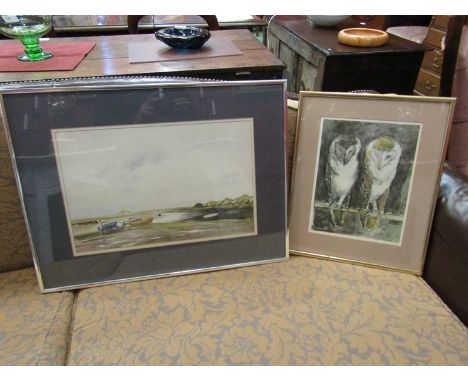 Two owls at rest - framed and glazed print and a watercolour of North Norfolk mudflats scene with boats (2)