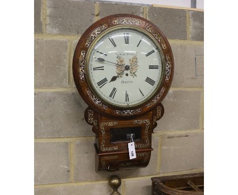 A Regency mother o'pearl inlaid drop dial wall clock marked Samuel Monk, Bolton, height 66cm