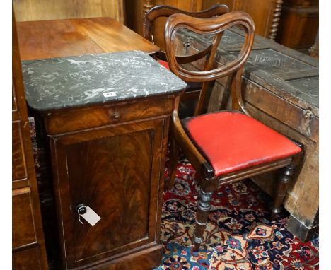 A Victorian mahogany commode cupboard with grey marble top, width 93cm, depth 36cm, height 75cm together with a pair of Victo