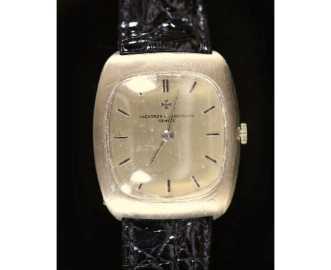 A lady's brushed 18ct white gold Vacheron &amp; Constantin manual wind shaped rectangular wrist watch,with baton numerals, mo