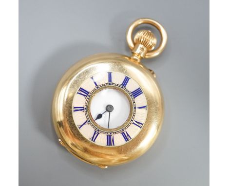 An Edwardian 18ct gold and guilloche enamel half hunter fob pocket watch, case diameter 35mm, gross 47.3 grams.