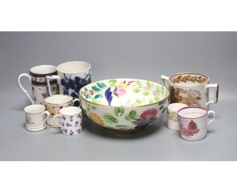 A group of ceramic mugs and cans, including a Samson of Paris armorial mug, 11.8cm and a Welsh gaudy style bowl
