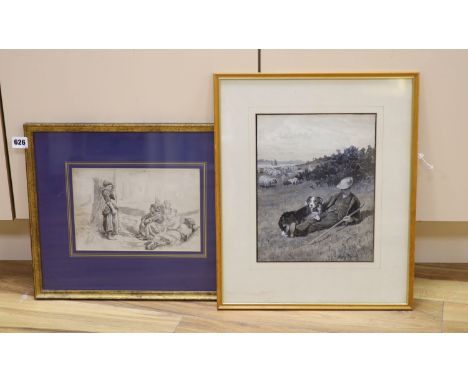 Henry Bailey (1848-1933), watercolour en grisaille, Shepherd boy, dog and flock, signed, 29 x 23cm and an ink and wash sketch
