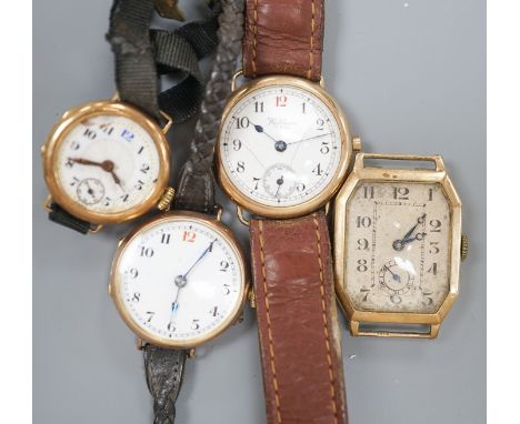 Four assorted early 20th century 9ct gold manual wind wrist watches, all a.f.gross weight 75 grams.