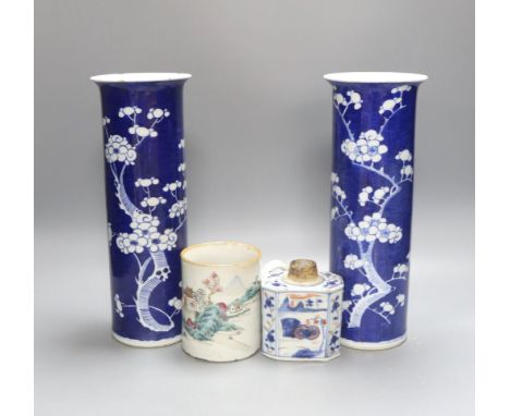 An 18th century Chinese famille rose mug, a Chinese Imari tea caddy and two Chinese blue and white sleeve vases 30cm (4)