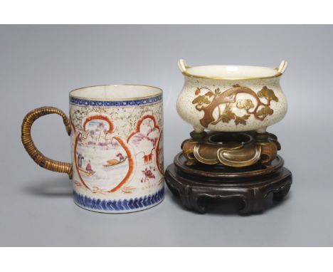 A Royal Worcester chinoiserie incense burner and integral stand, late 19th century, 11.5cmwide, wood stand and an 18th centur