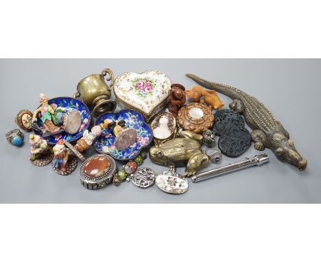 A box of small collectables including a netsuke, Canton enamelled dishes,  a horn model of a crocodile, 22.5 cm long etc.