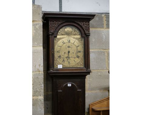 A late 18th century oak eight day longcase clock, with brass Tempus Fugit dial, height 214cm