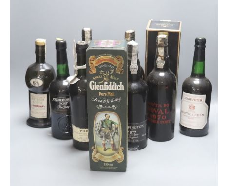 A group of assorterd wines and spirits comprising Quinta de Noval 1970 Vintage Port (3), Skeffington 1977 Vintage Port, Offle