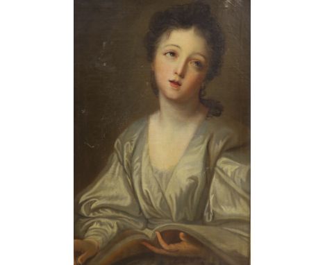 Circle of Jean-Baptiste Greuze (1725-1805) French. Portrait of a young girl holding a book, oil on canvas, 26.25" x 17.75"