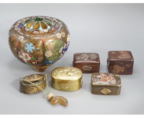 A Japanese cloisonne enamel koro and cover, 9.5 cm diameter and various Japanese mixed metal small boxes and covers, One made