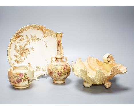 A group of ornamental Royal Worcester blush ivory ground items, including a shell dish, 18cm wide, two vases, a dish etc.