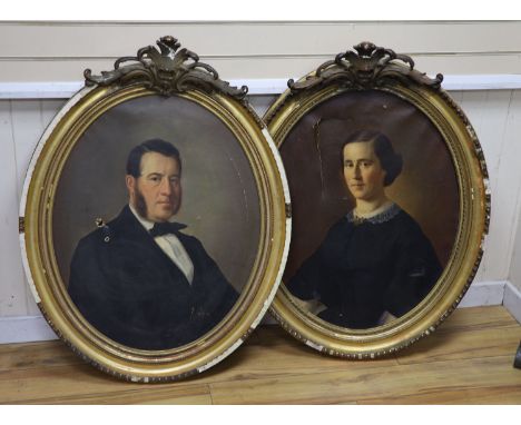 Cavalli (19th century) Italian. Portrait of a man, oil on canvas, signed, oval 31.5" x 25.5" and the companion piece, a portr