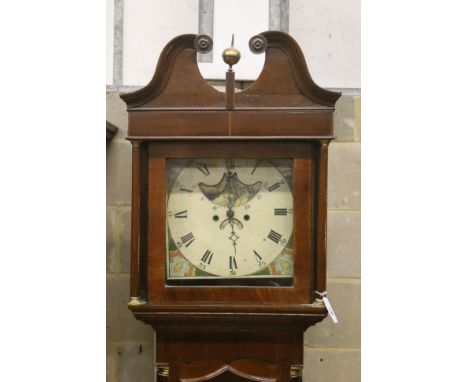 An early 19th century mahogany banded oak cased eight day longcase clock, height 227cm