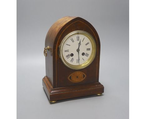 A mahogany and marquetry mantel clock, 26cm high (af) pendulum, no key