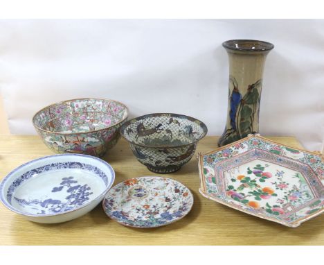 A large Japanese porcelain diamond shaped dish, 47cm, a Japanese cloisonné enamel ‘horses’ bowl, in Ming style, a Chinese fam