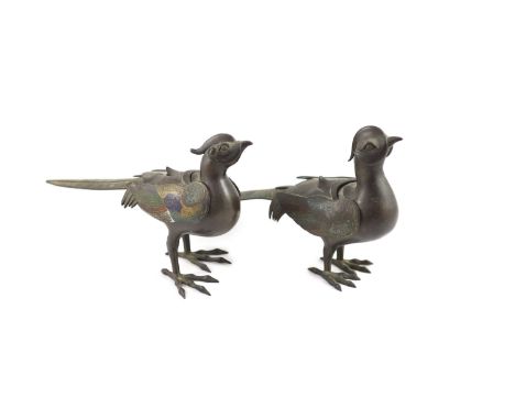 Two similar Japanese champlevé enamel and bronze ‘pheasant’ censers and covers, Meiji period,in Chinese archaic style,39 cm l