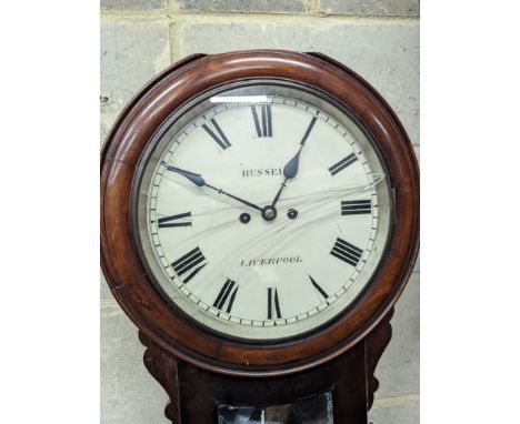A Victorian mahogany drop dial wall clock, with twin fusee movement, and circular white painted Roman dial signed "Russell, L