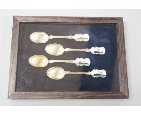 Cunard and P&amp;O liners interest - four early 20th century silver and enamel souvenir spoons, inscribed RMS Lusitania, RMS 