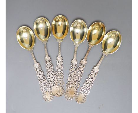 A set of six silver coffee spoons, with fancy pierced stems, Henry Howson, Sheffield, 1890, 11cm, 84 grams.