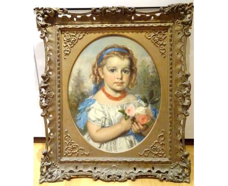 Year: 19th CenturySize: 26" x 22"Medium: OilDescription: Fine Large 19th Century English portrait of a girl wearing blue ribb